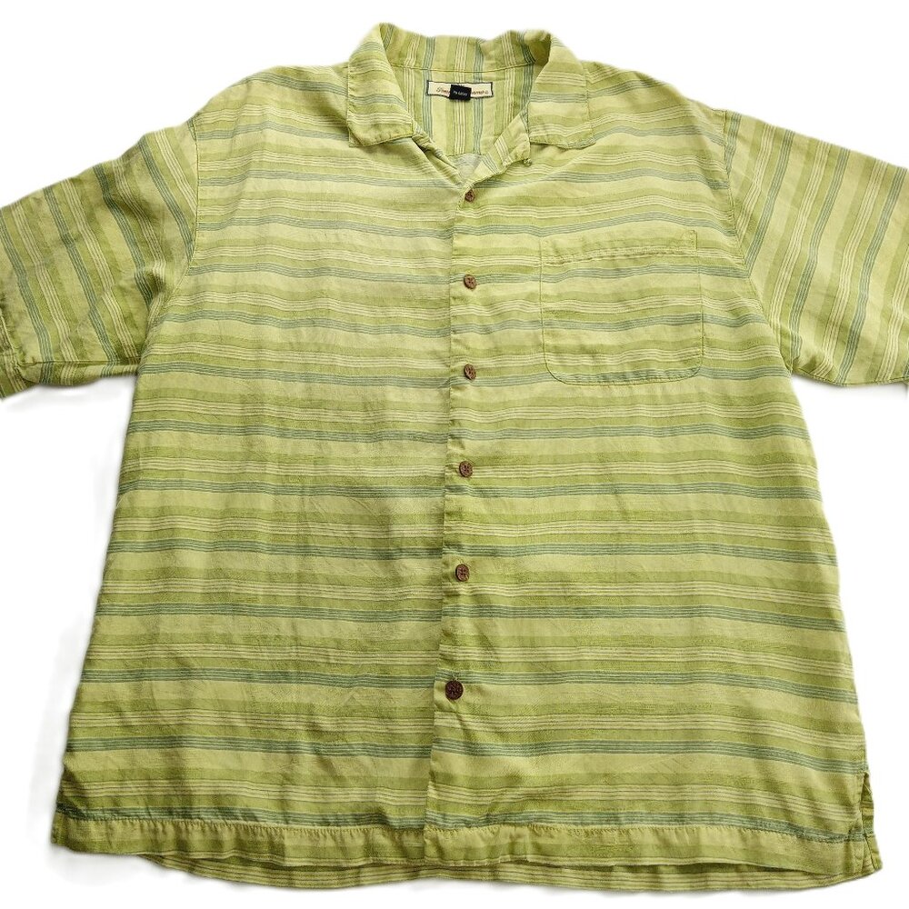 Tommy Bahama Men's Button Front Short Sleeve Shirt Size Large Green Striped Silk